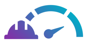 Illustration of a speedometer next to a purple hard hat, symbolising construction speed or project progress.