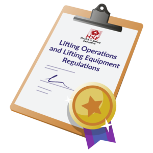 Illustration of a clipboard featuring a document titled "Lifting Operations and Lifting Equipment Regulations" with a gold star badge.