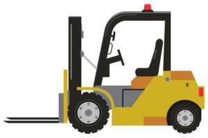 A side view illustration of a yellow forklift with a red light on top, showcasing its large wheels and lifting forks.