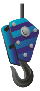Illustration of a blue and purple pulley with a hook, designed for lifting heavy objects.