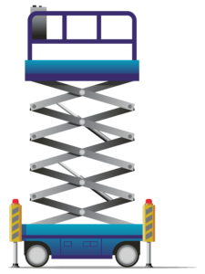 A scissor lift with a blue base and purple platform, extended upward, showcasing its lifting mechanism and safety controls.
