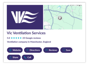 Google business listing for Vic Ventilation Services, a ventilation company in Manchester, with 5-star rating from 23 reviews.