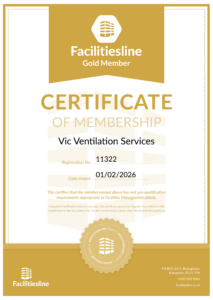Certificate of Membership for Vic Ventilation Services as a Facilitiesline Gold Member, issued on 01/02/2026, registration number 11322.