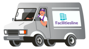 Illustration of a grey service van with "Facilitiesline" logo on the side and a driver wearing a cap and uniform inside.