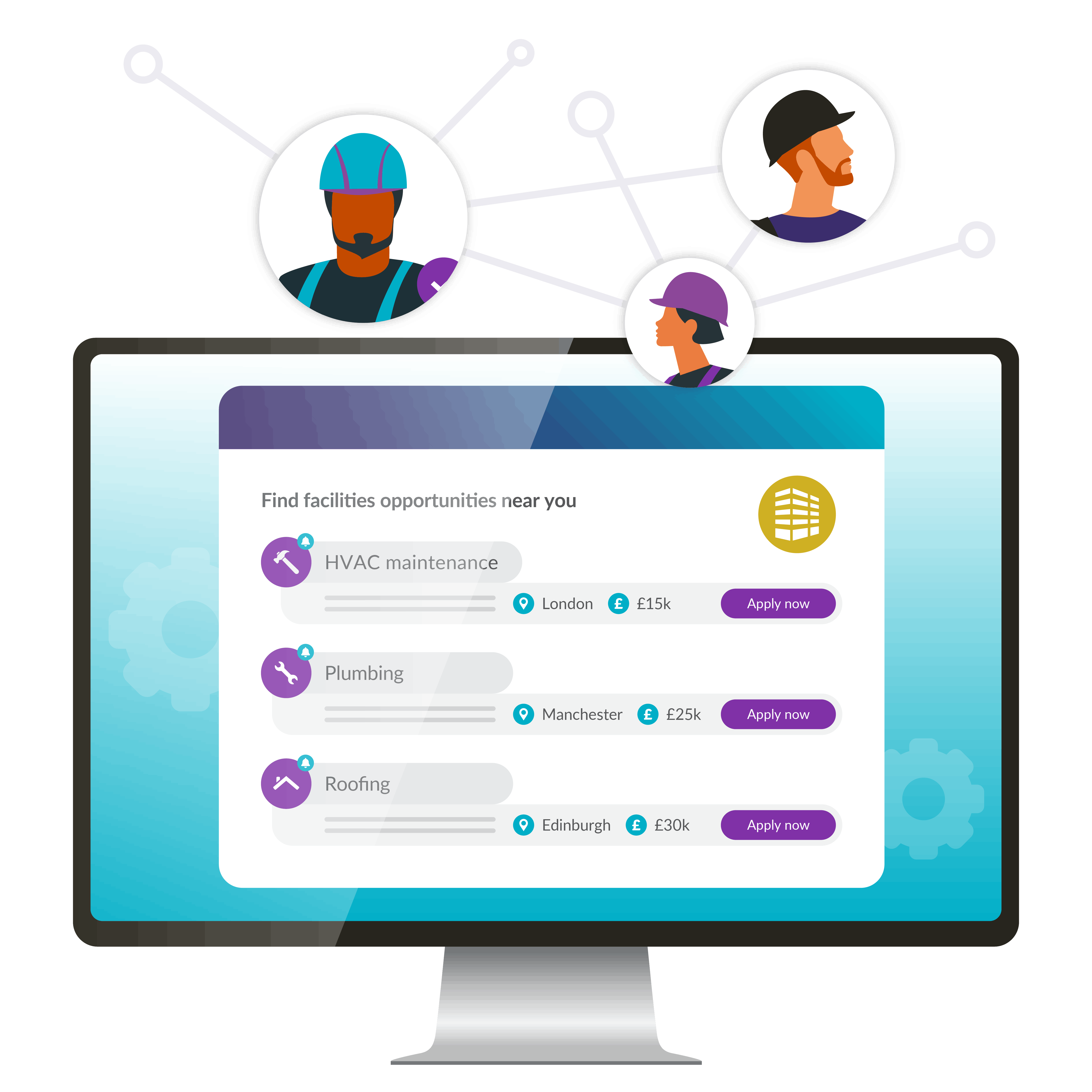 Graphic on a computer screen displaying job opportunities in HVAC, plumbing, and roofing in various cities with icons of workers and the Facilities Gold logo.