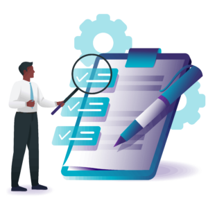 A person stands next to a clipboard with checkmarks, holding a magnifying glass, with gears illustrated in the background.