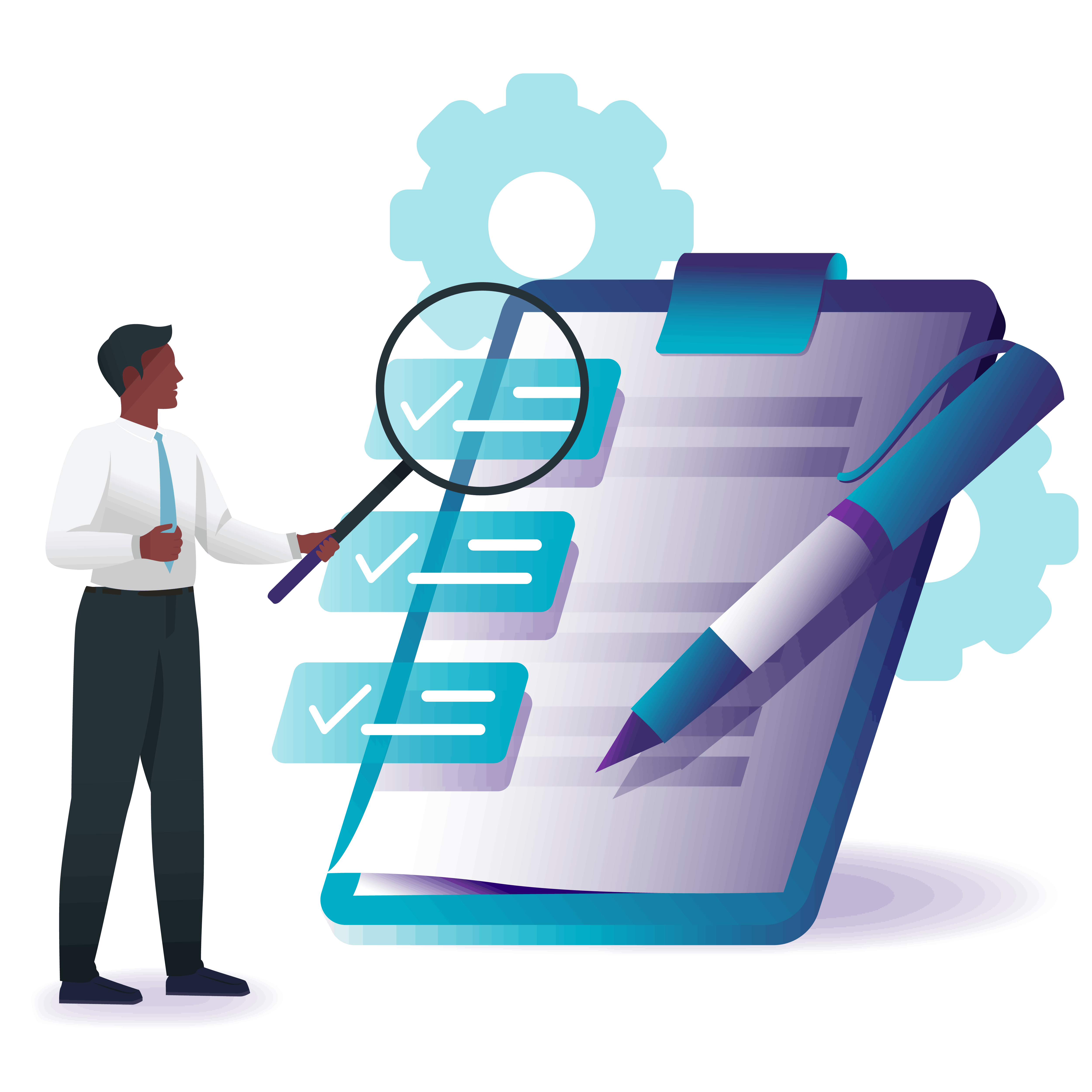 A person stands next to a clipboard with checkmarks, holding a magnifying glass, with gears illustrated in the background.