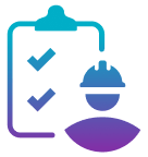 icon of a figure with a hard hat in front of a clipboard with ticks on them representing verification