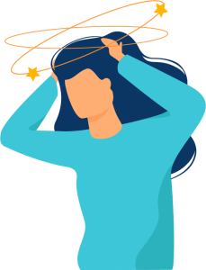 Illustration of a person holding their head with stars and circular lines around it, symbolising dizziness or confusion.