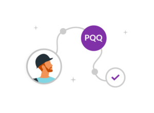 Illustration of a worker avatar connected by a dotted path to a purple circle labeled "PQQ" and a circle with a purple checkmark.