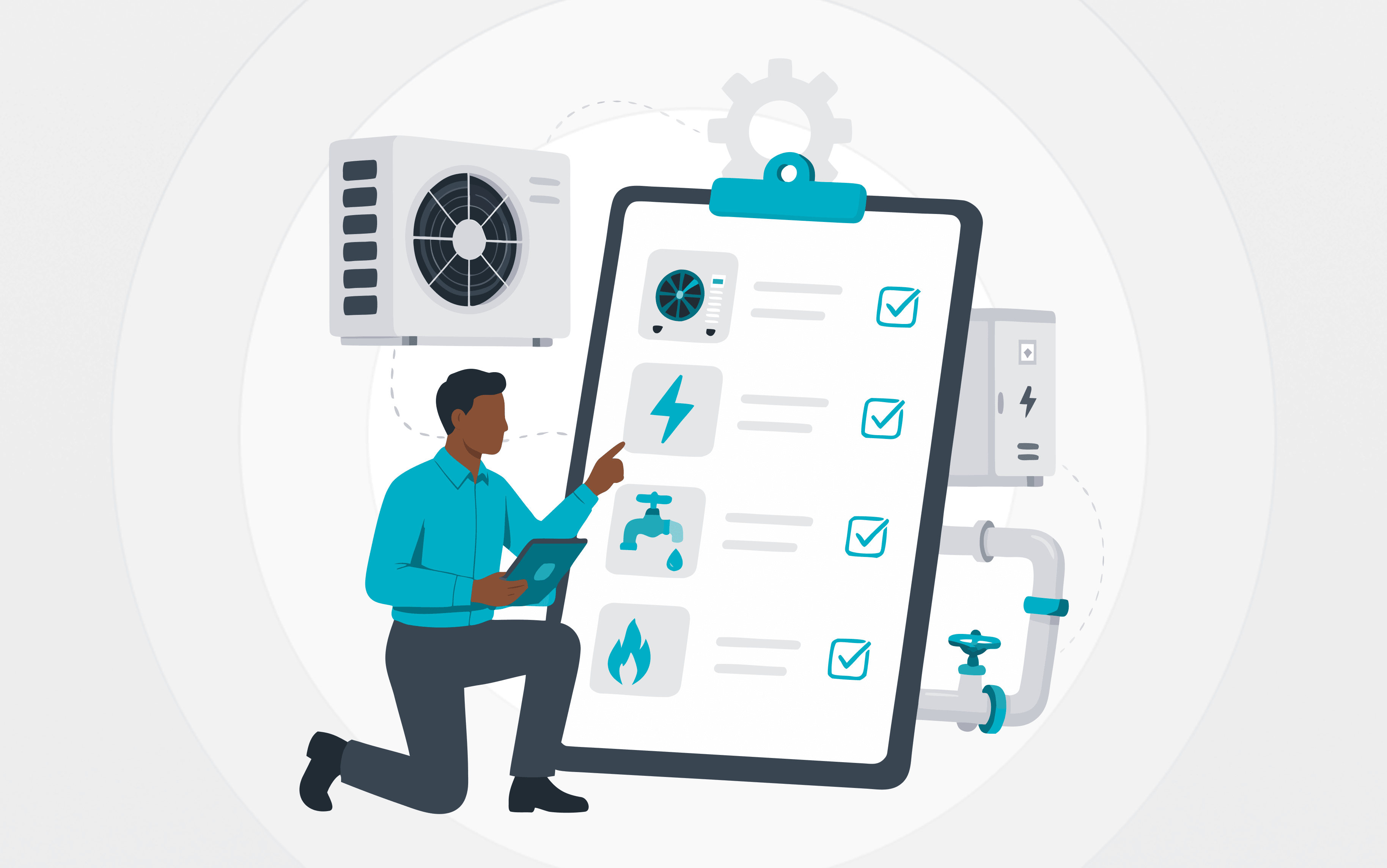 Facilities manager inspecting building services including HVAC, electrical, plumbing and fire safety systems through a digital maintenance checklist.