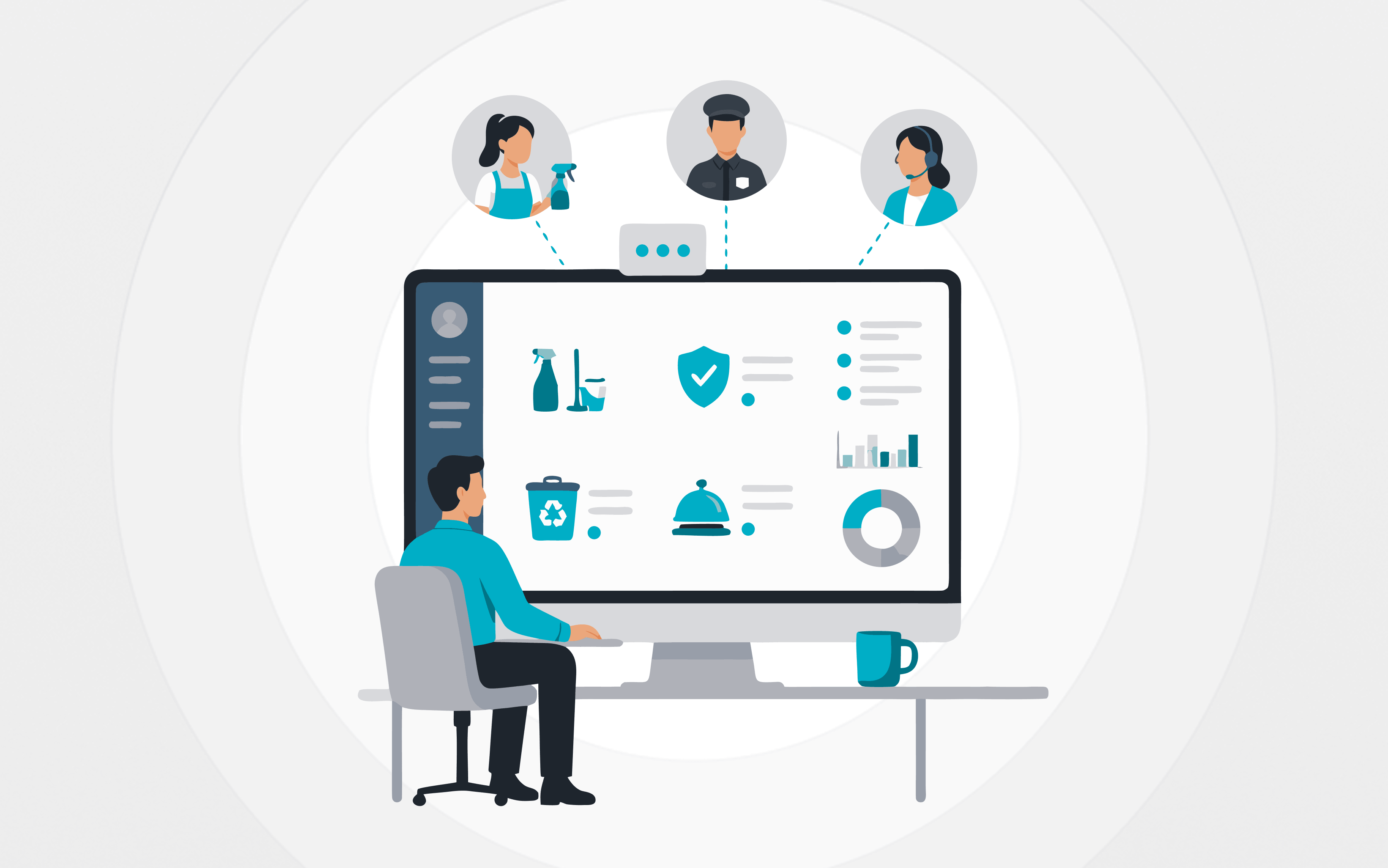Facilities manager overseeing cleaning, security, waste management and guest services through a digital operations dashboard.
