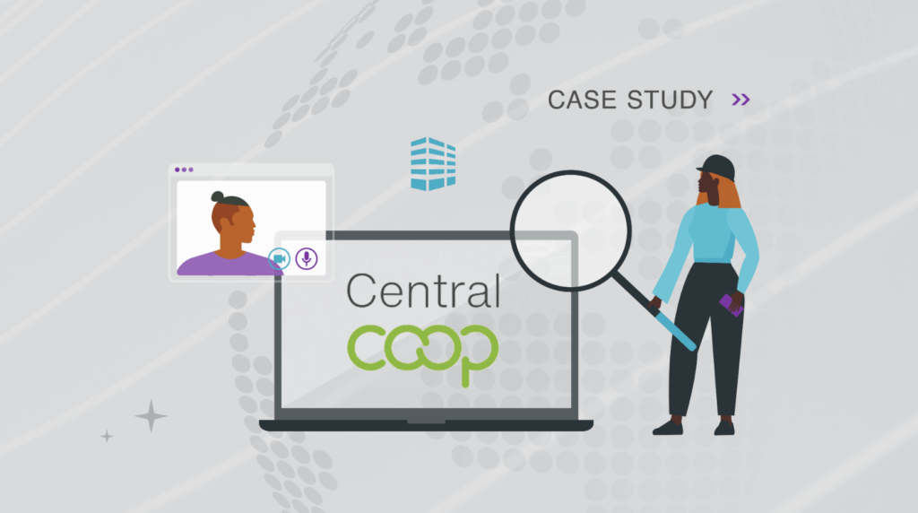 Illustration of a woman with a magnifying glass examining a laptop screen displaying "Central Co-op" and a video call window.