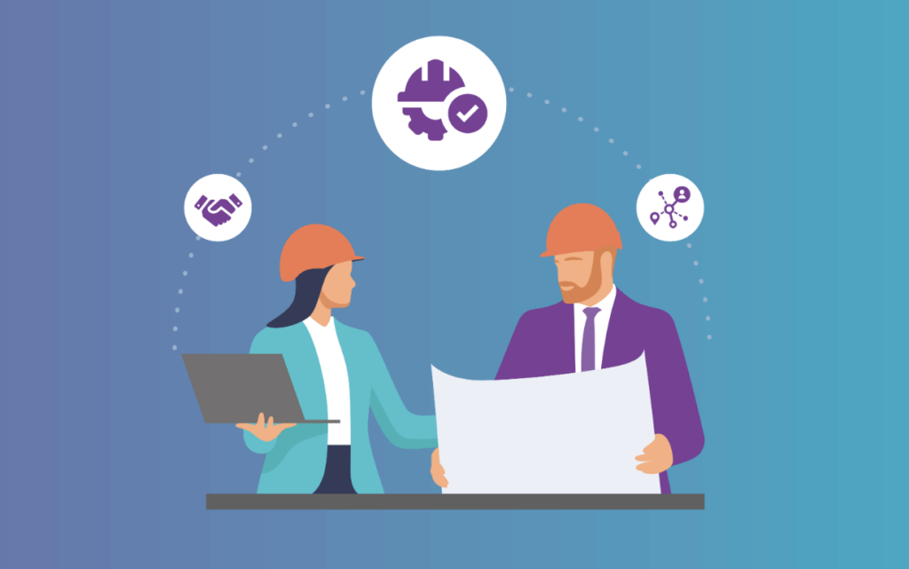 Two construction professionals wearing helmets reviewing plans with industry icons above, on a blue-purple gradient background.