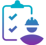 icon of a figure with a hard hat in front of a clipboard with ticks on them representing verification
