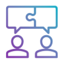 Two stylised figures engaged in conversation, represented by speech bubbles fitting together like puzzle pieces.
