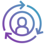 Icon depicting a person surrounded by circular arrows, symbolising continuous movement or feedback in a user-centered process.