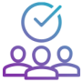 Icon depicting three figures with a checkmark above, symbolising teamwork, approval, or successful collaboration.